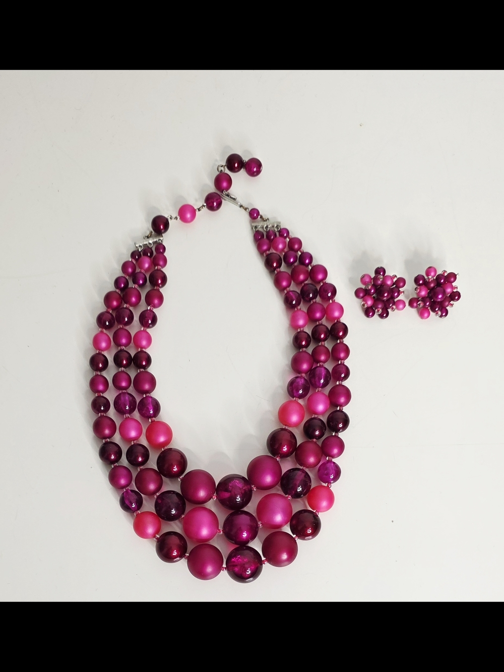 Vintage Multi-Strand Pink Beaded Necklace and Earrings Set